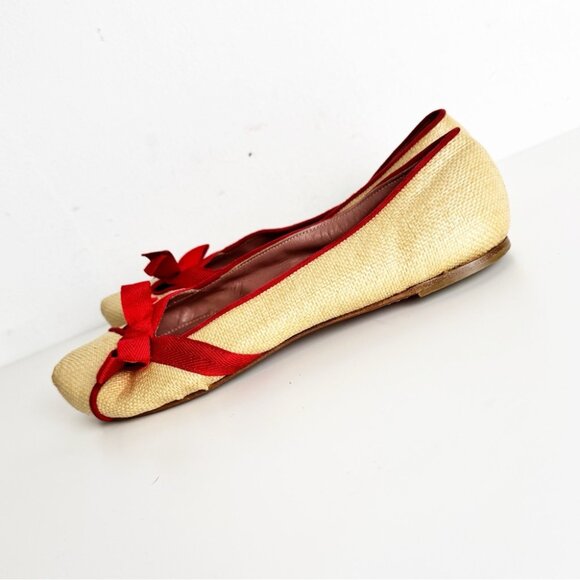 Alaia Raffia Straw ballet flats with red bow detail and trim size 36 - Picture 4 of 9